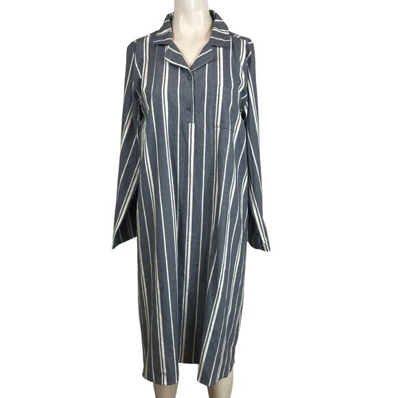 GARNETT HILL - WOMEN'S SMALL -GRAY/WHITE STRIPE LONG SLEEVE COLLARED MIDI DRESS - Picture 1 of 8